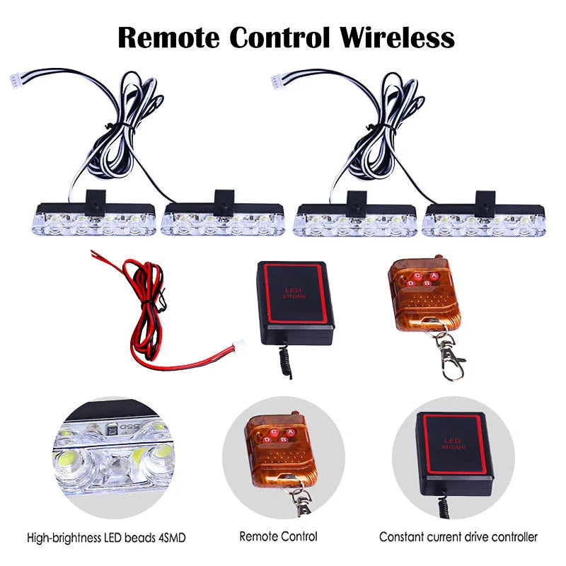 Black car-mounted LED warning light with wireless remote control on a vehicle.