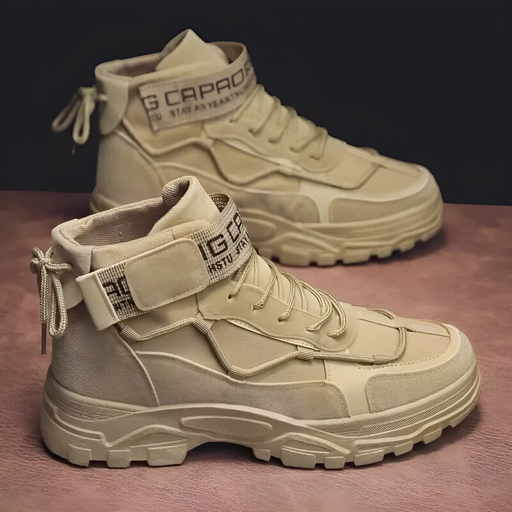 Men's high-top platform boots in khaki artificial PU leather with lace-up design and thick sole