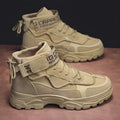 Men's high-top platform boots in khaki artificial PU leather with lace-up design and thick sole