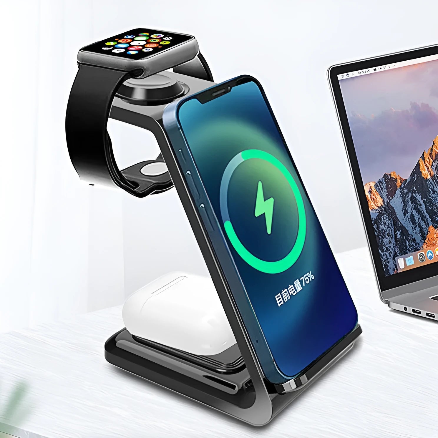 White upright wireless charging phone holder on a desk, showing phone in stand and included Type-C cable.
