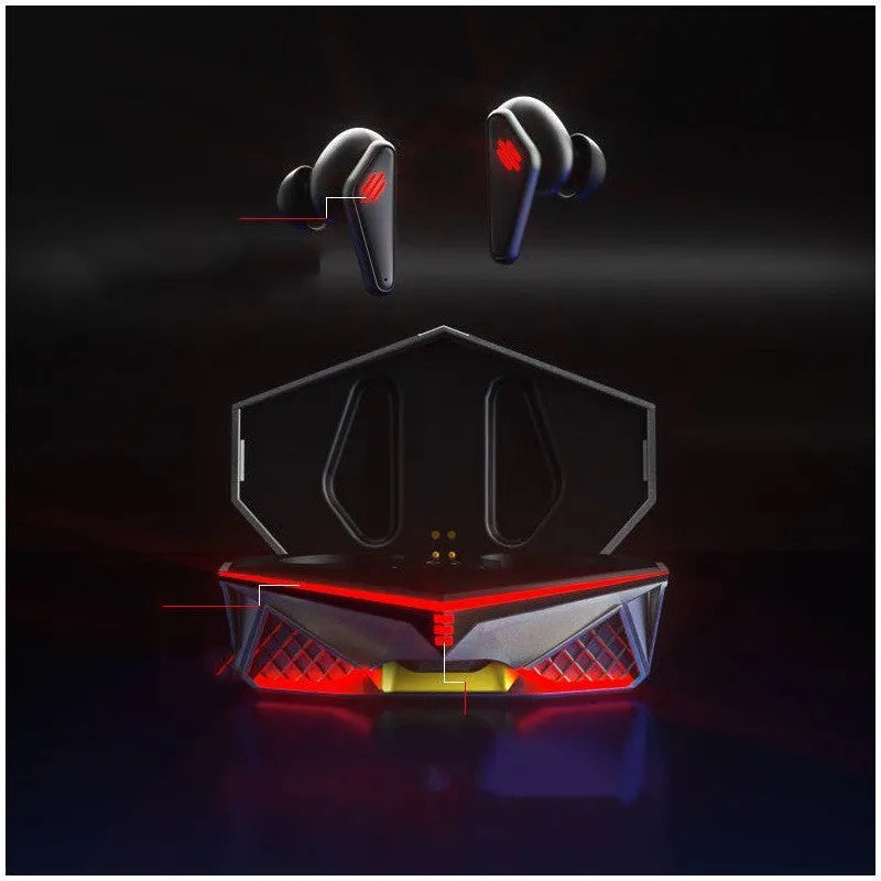 K98 Black TWS wireless gaming earphones with charging case on a dark surface.