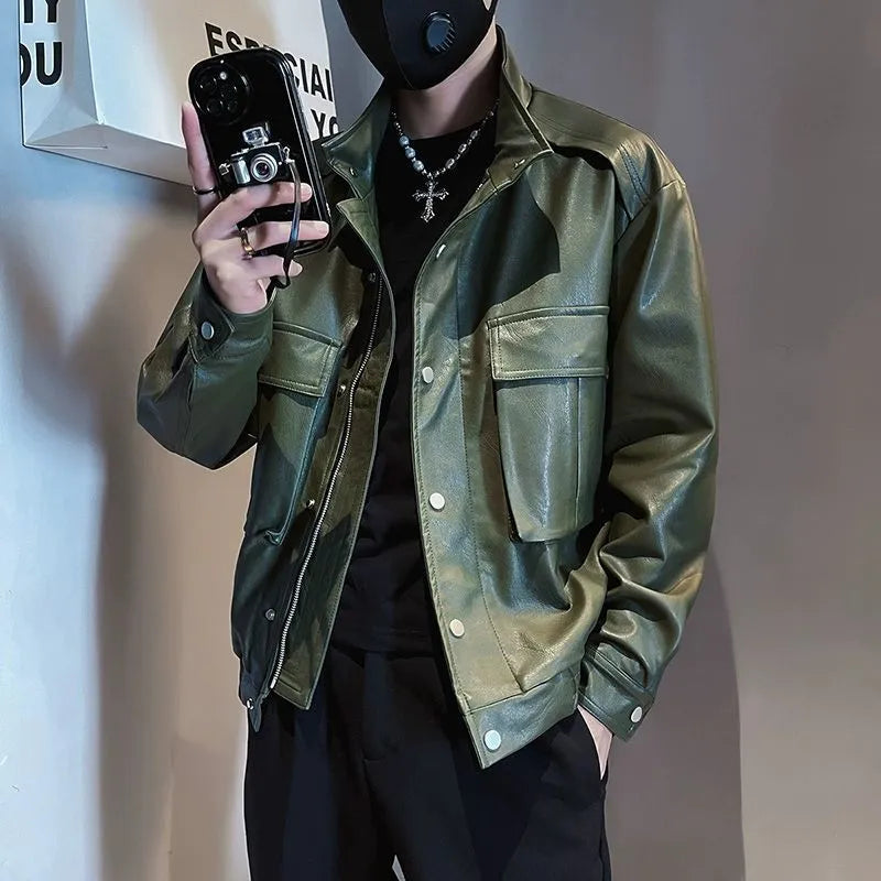 Men's black Korean-style PU leather pilot jacket with side pockets on a hanger.