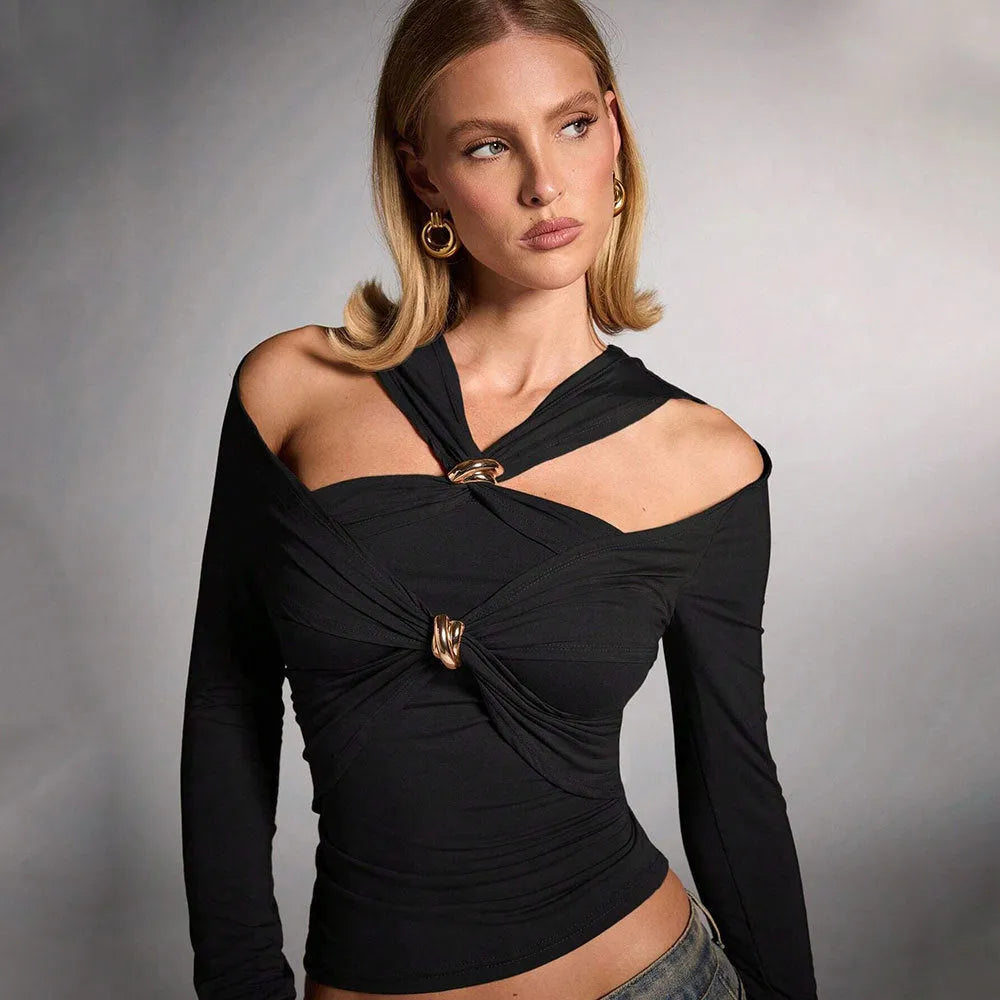 Black women's halter top with shoulder-baring design and long sleeves