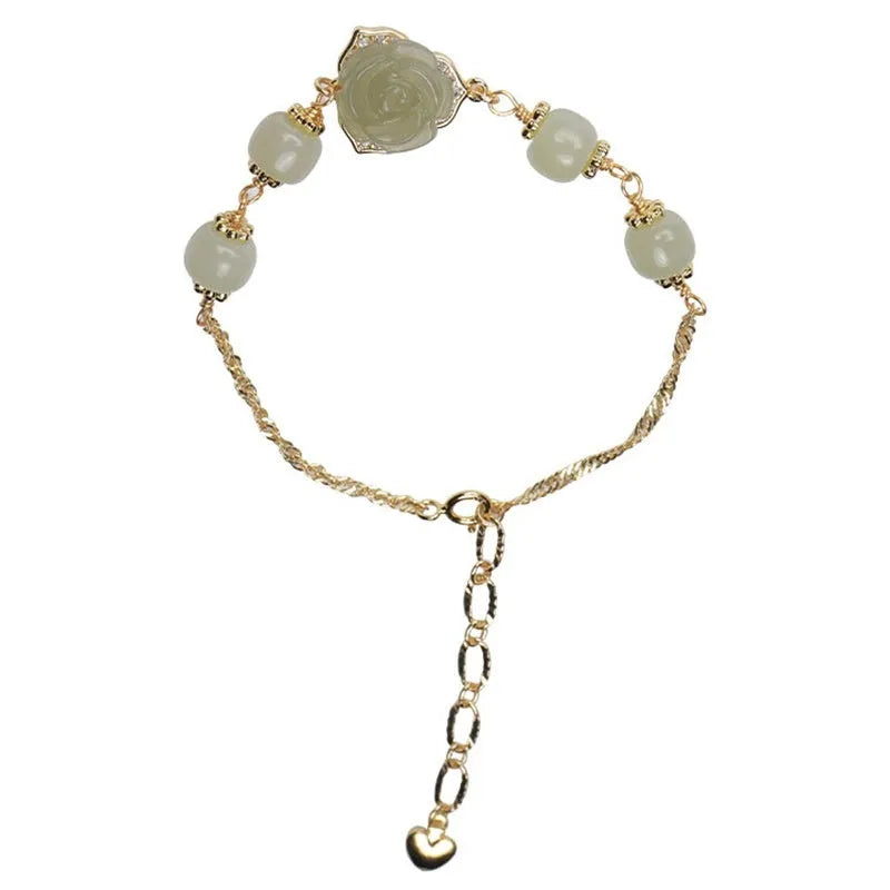 Original design Hetian Jade Rose colour jade bracelet with floral shape, rose motif, and 14K gilded accents for women.