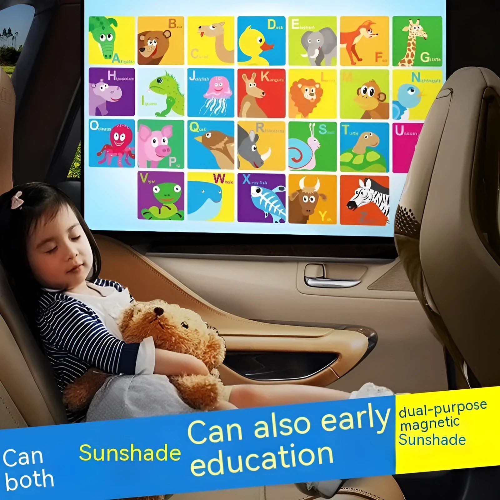 Automatic retractable car sunshade with magnetic fixing showing cartoon animal letters design
