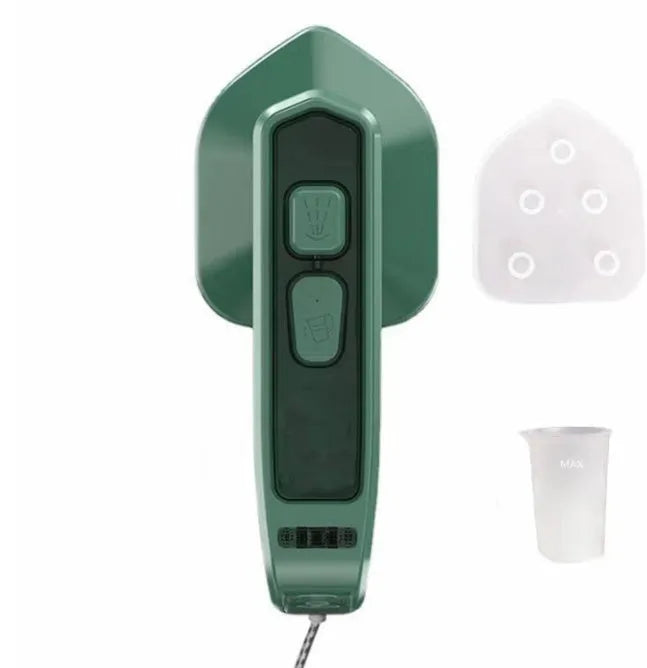 Dark green portable hanging steam ironing machine with ceramic panel and compact design.