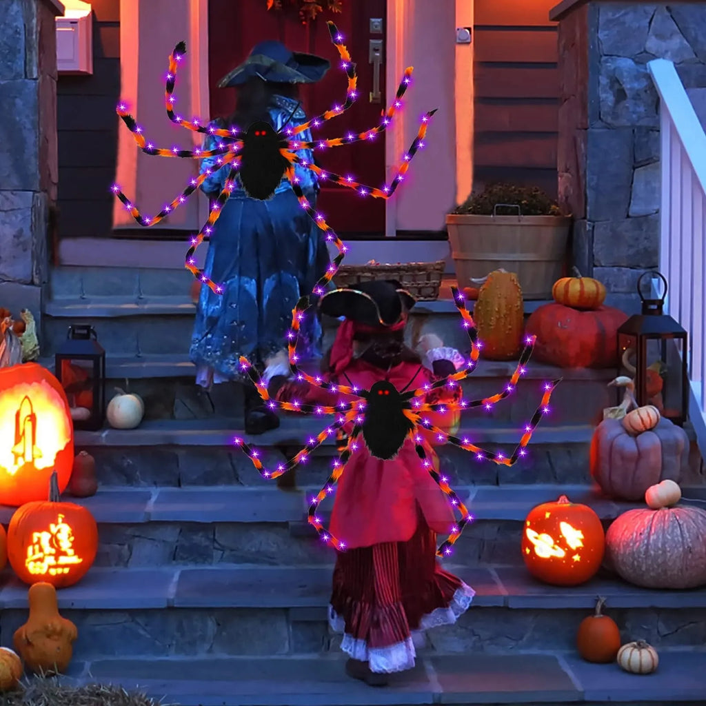 Plush Halloween spider backpack with LED lights in green, shown at 125cm length.