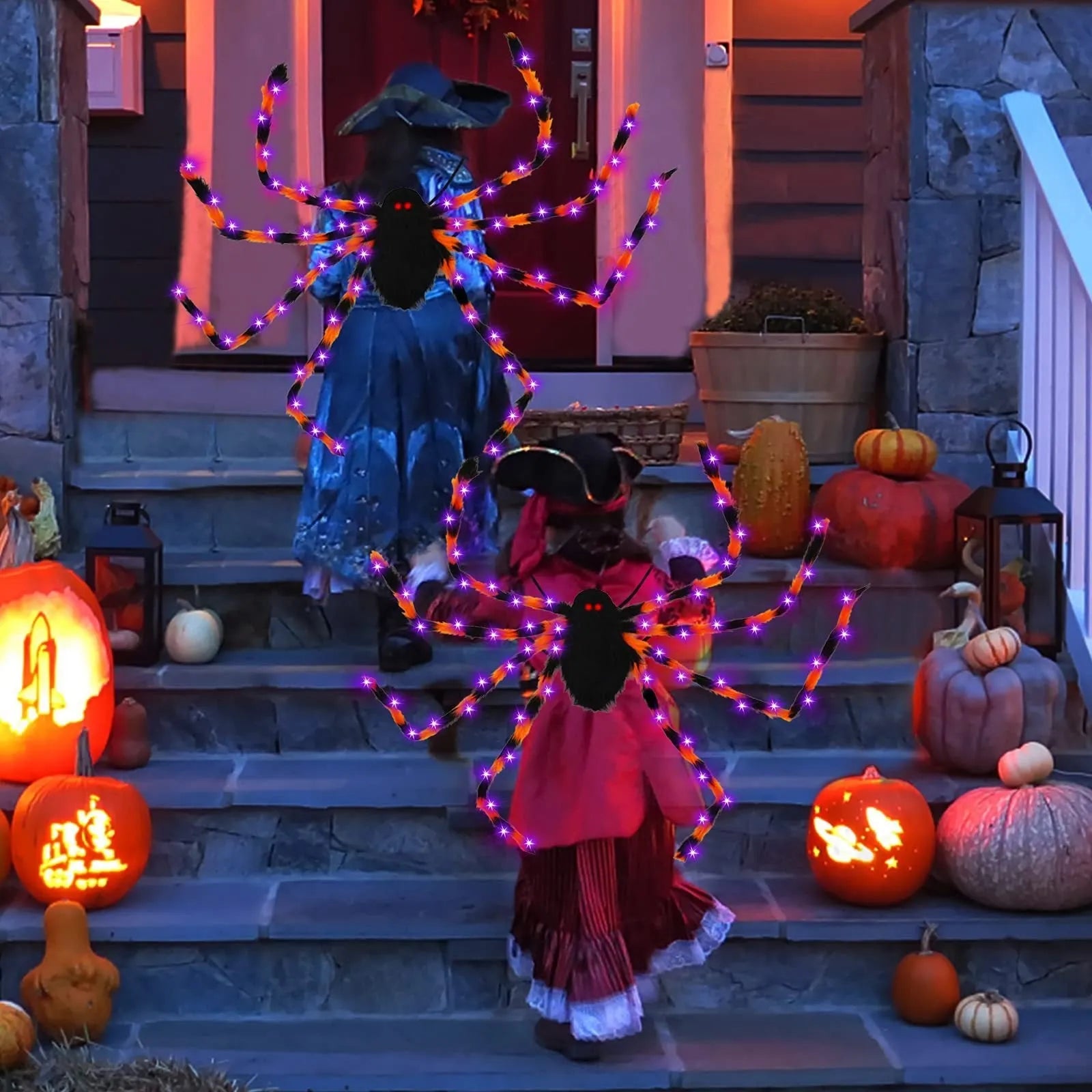 Plush Halloween spider backpack with LED lights in green, shown at 125cm length.