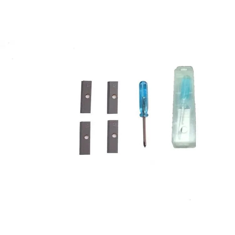 Geometric plastic pencil sharpener with four holes, four blades, and an integrated screwdriver.