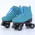 Blue leather roller skates with black double PU wheels and rubber sole
