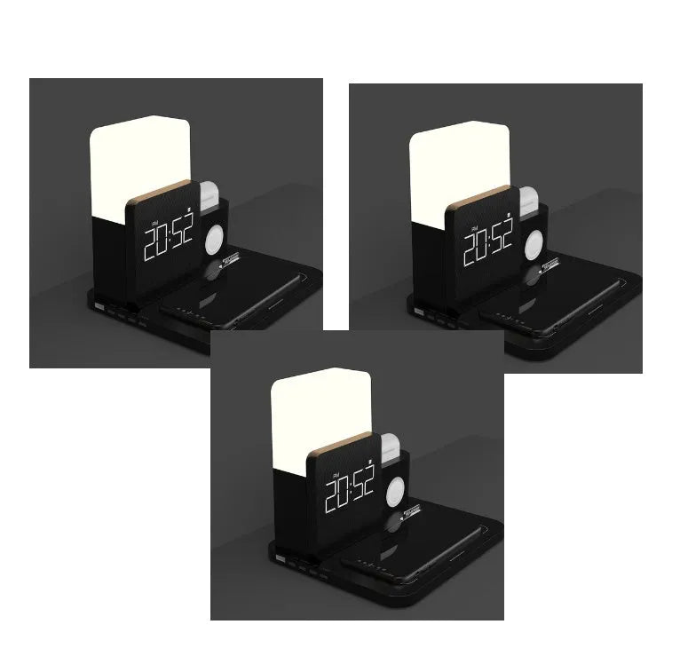 Digital LED alarm clock with night light and magnetic wireless charger in black casing