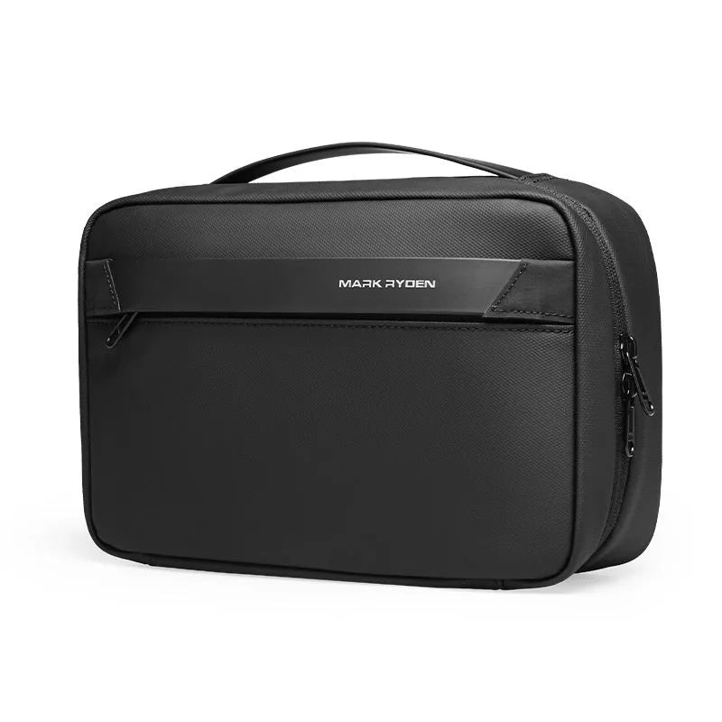 Black Oxford cloth toiletries bag with multiple compartments open, showing wet-dry separation design.