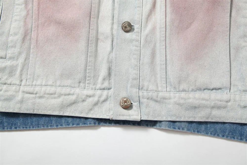 Men's blue inkjet tie-dyed cotton denim loose jacket with long sleeves and straight hem