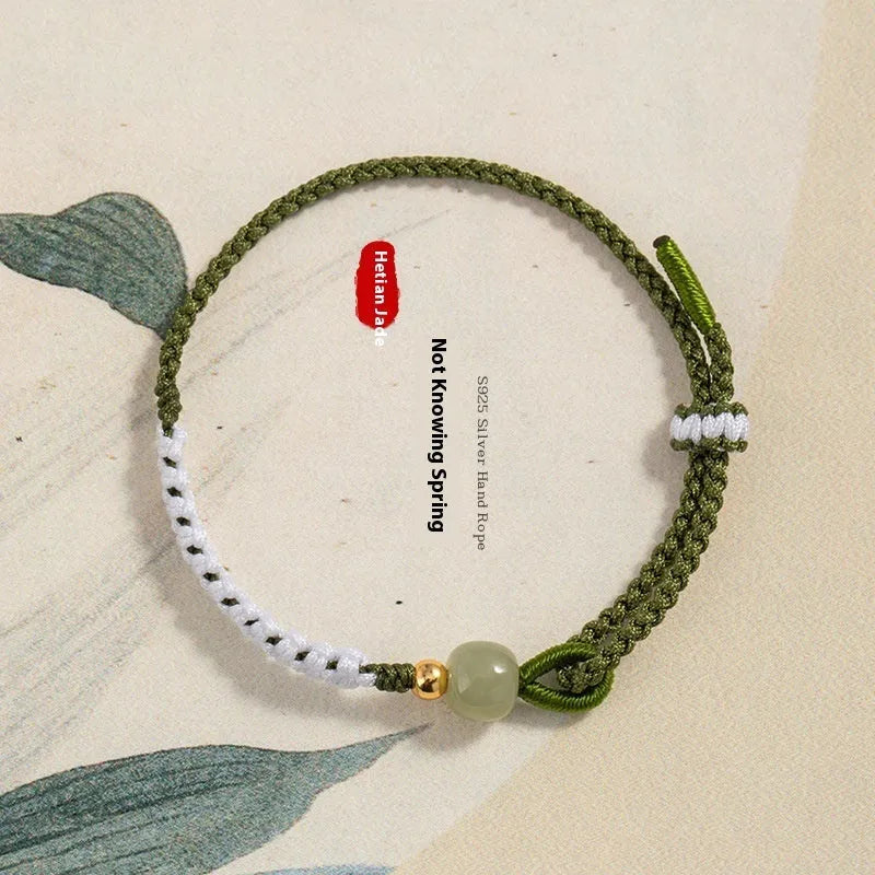 Hetian jade sterling silver carrying strap bracelet with colourful cord and national tide design