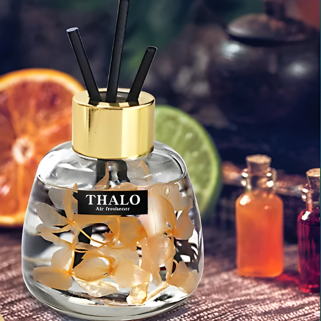 Glass bottle car perfume ornament with loose incense in decorative colours.