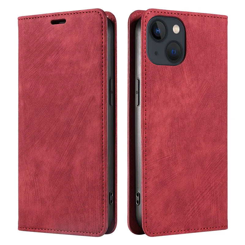 Magnetic flip phone case for iPhone in leather and TPU, shown closed and open with cards in slots.