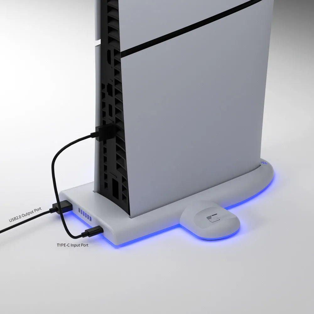 White PS5 Slim charging base with RGB ambient lights and integrated cooling fan.
