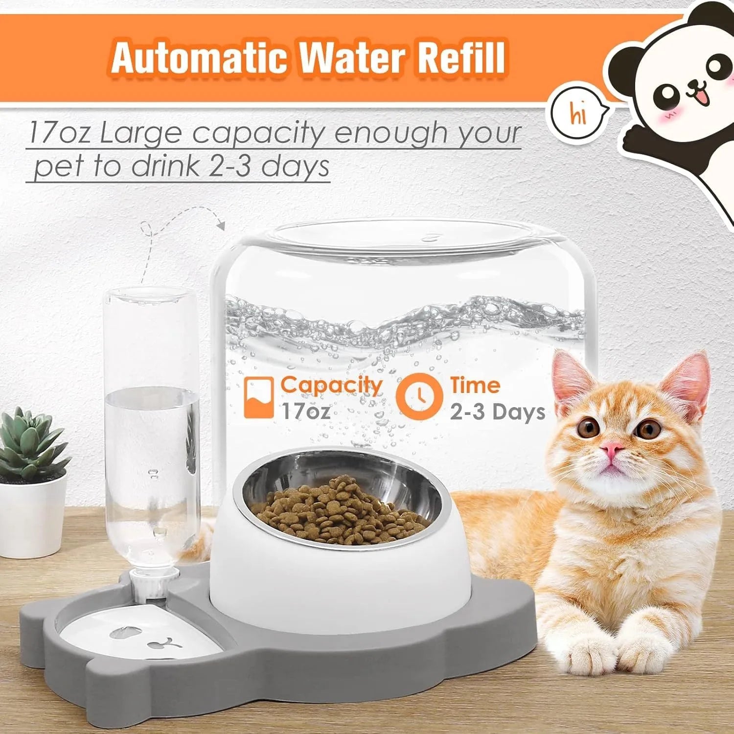 Grey panda-shaped tilted pet bowl set with stainless steel food bowl and automatic water dispenser bottle