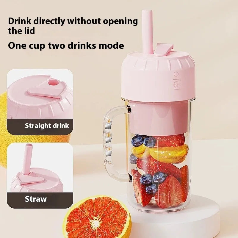 Household USB-powered juicer in cherry blossom pink colour with portable charging capability
