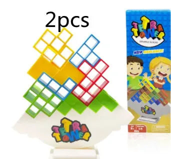 Plastic balance stacking game with colourful building blocks on chassis for family play