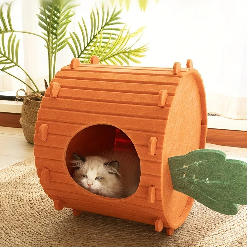 Soft felt cat tunnel bed in semi-enclosed design showing interior space