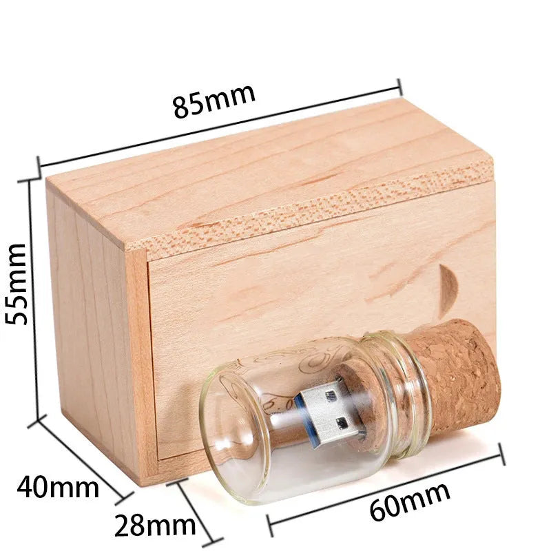 Chocolate brown wooden USB flash drive disk with personalised text engraving, shown with USB connector.