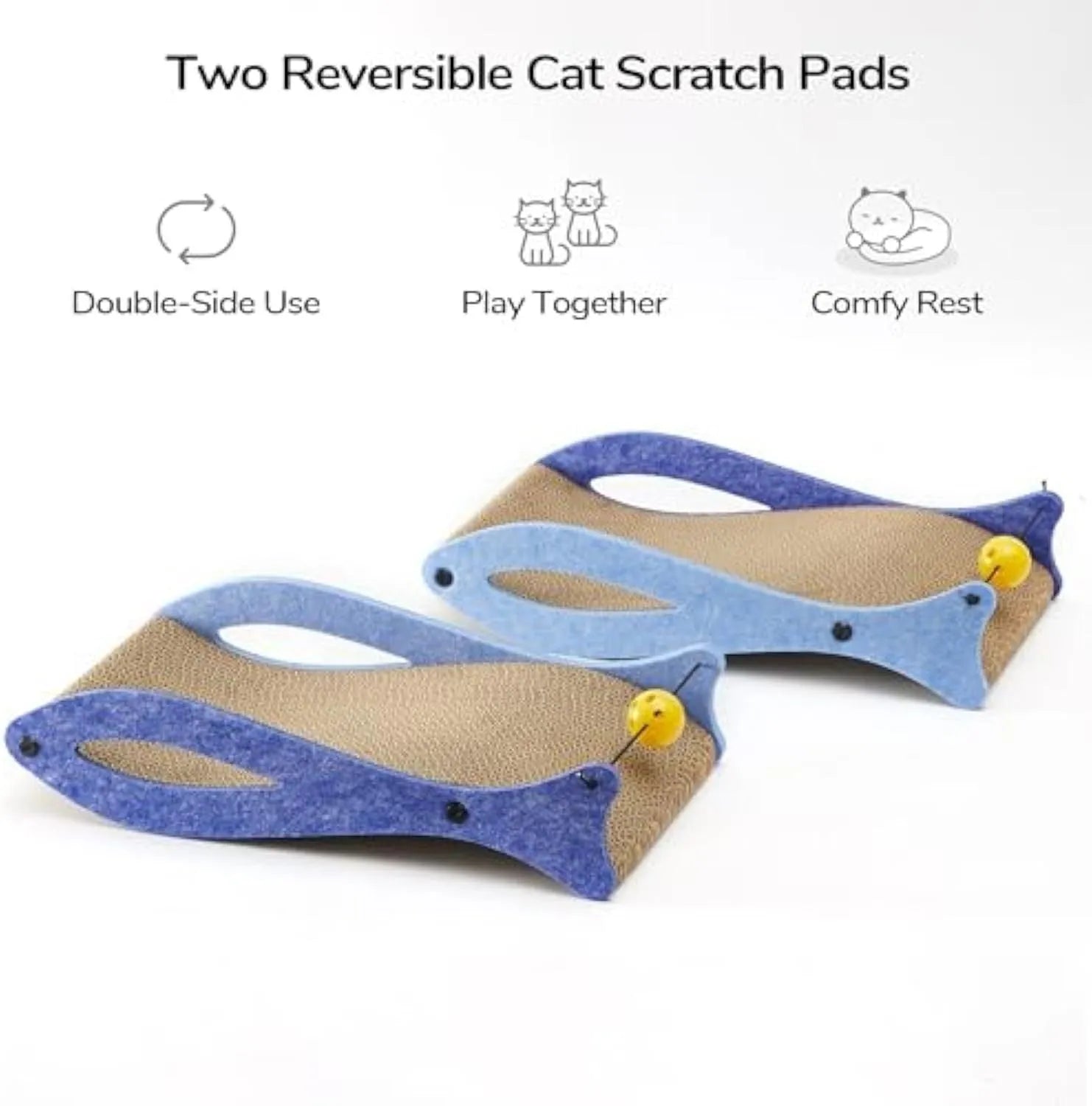 Blue fish-shaped cardboard cat scratcher with attached bell ball toy