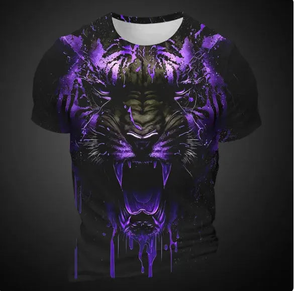 Men's 3D tiger pattern printed short sleeve T-shirt on a hanger
