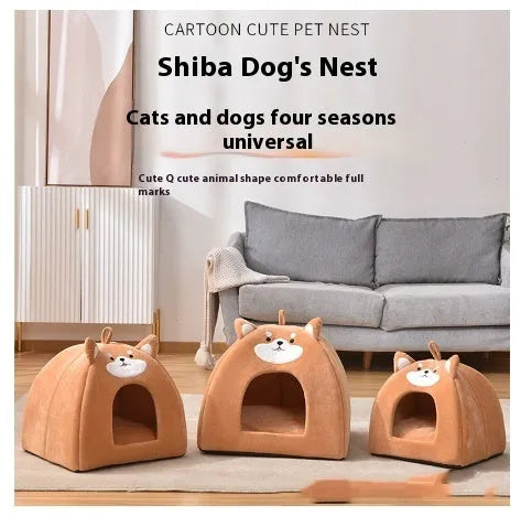 Grey soft cloth nest-style pet bed for cats and small dogs on a wooden floor.