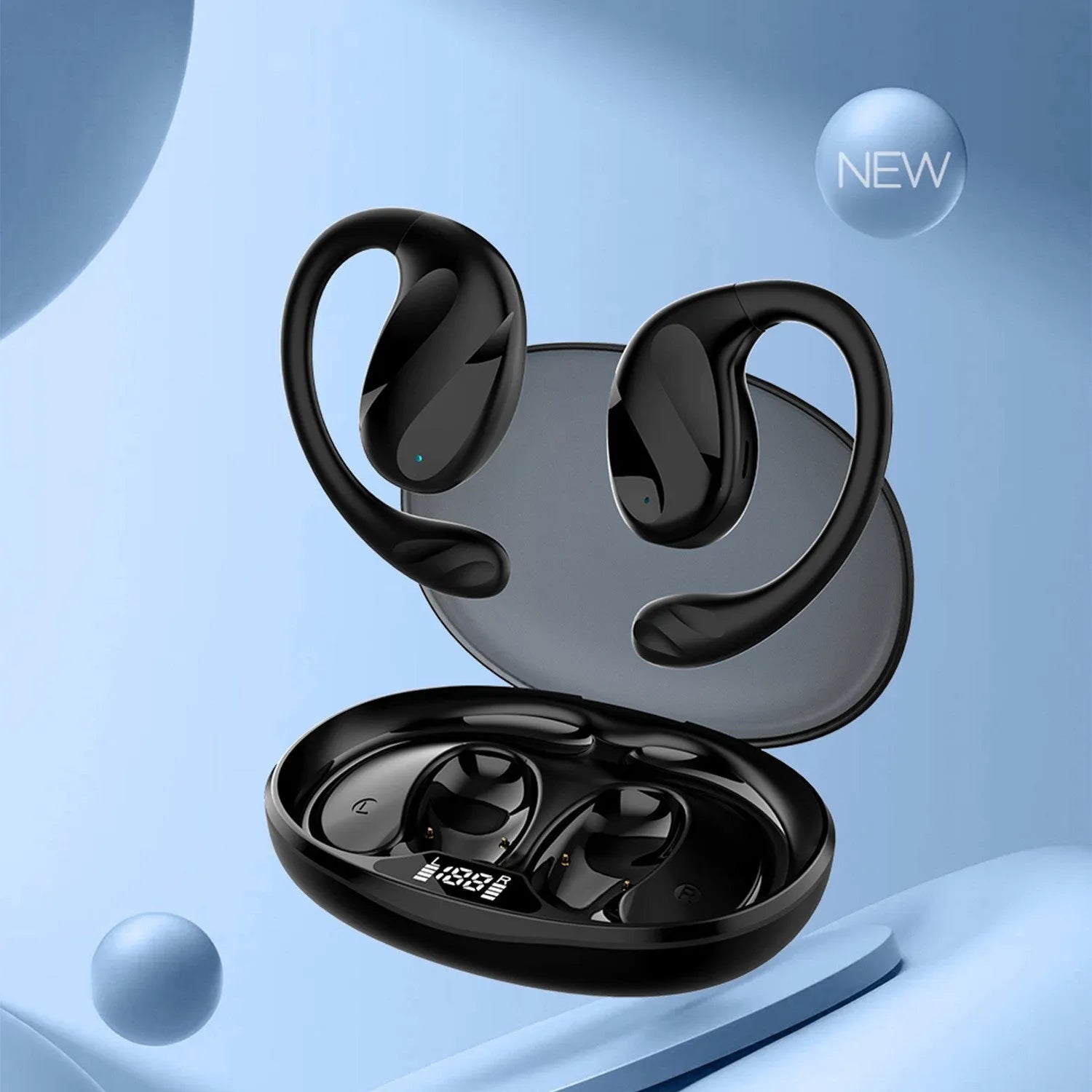 Wireless Bluetooth ear hook headset with digital display, ABS body, white colour, simple design