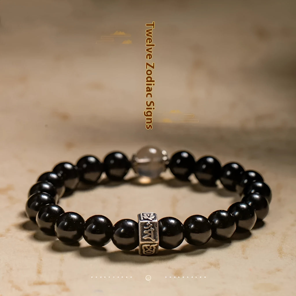 Old pit obsidian 8mm bracelet with zodiac Buddhist bead designs for women.