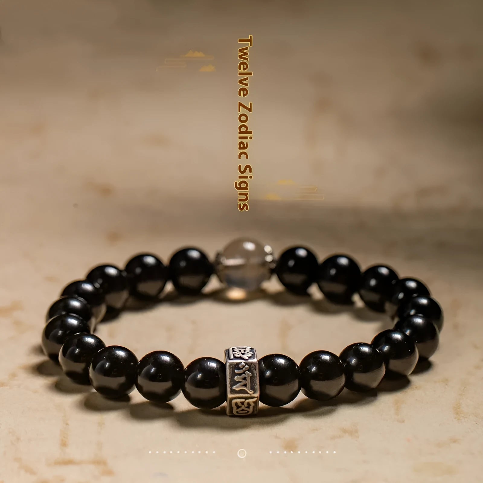 Old pit obsidian 8mm bracelet with zodiac Buddhist bead designs for women.