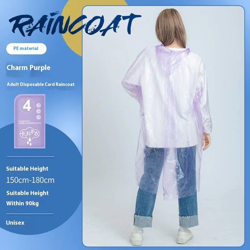 Disposable long full-body raincoat on a portable card, shown in purple, with adult and children size options.