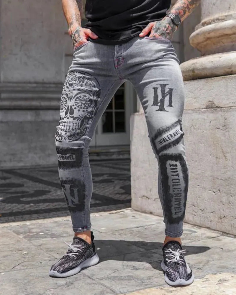 Men's ripped patch stretch denim jeans, hand-painted gray colour, slim-fit pencil style