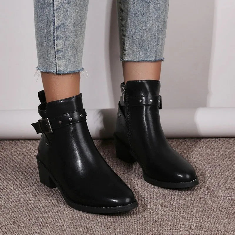 Retro chunky heel martin boots with studded buckle, pointed toe, black faux leather, size 36-42