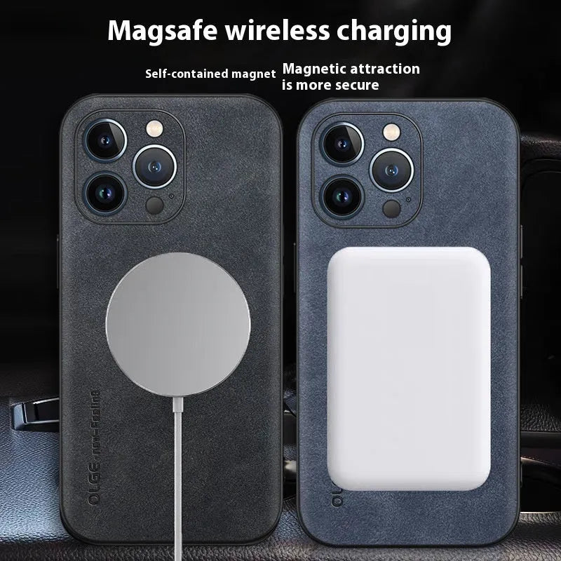 Magnetic sheepskin iPhone case in Graphite Black with built-in magnetic ring and all-inclusive drop-resistant PC shell