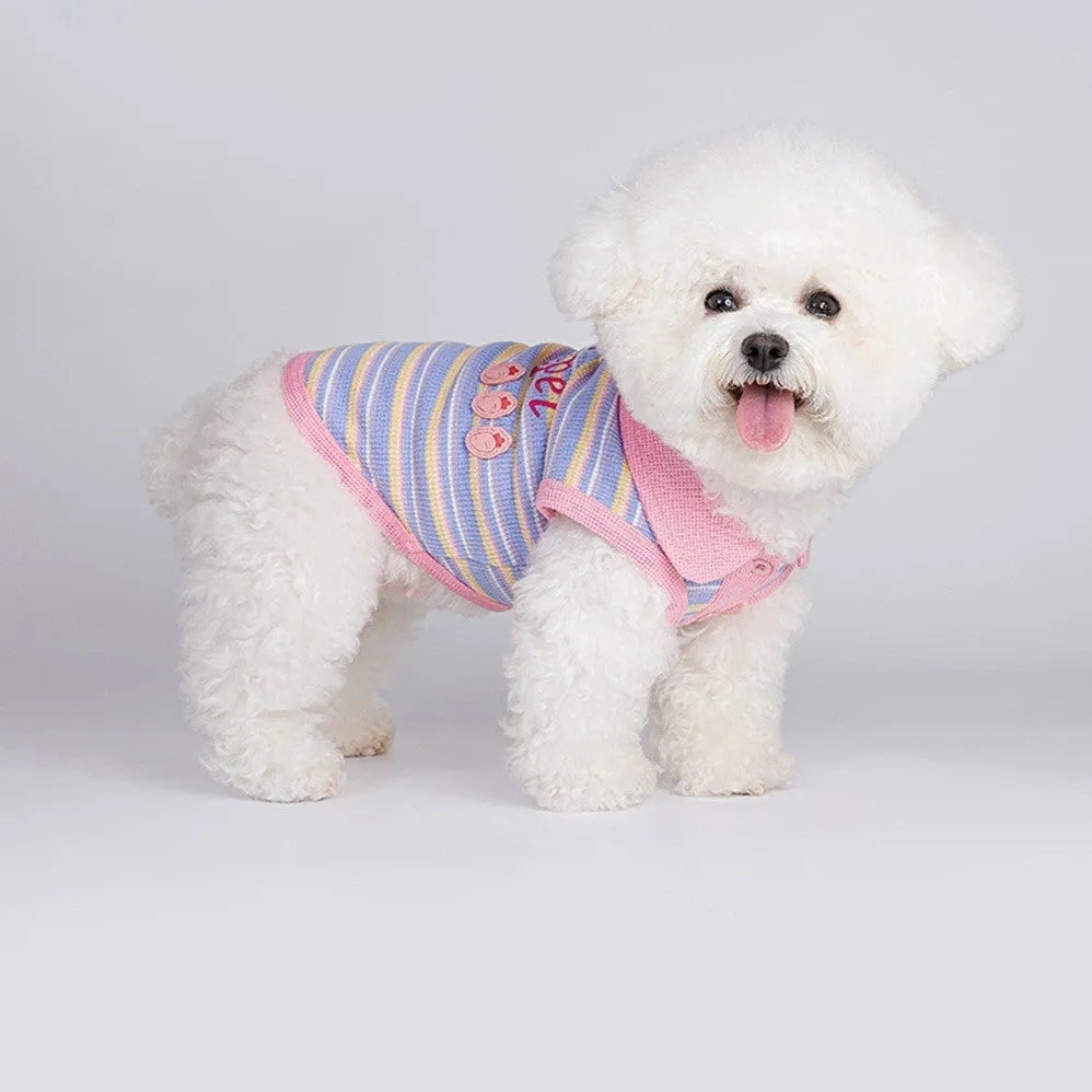 Pink purple dog vest for small pets showing weight-based sizing chart from XXS to XXL