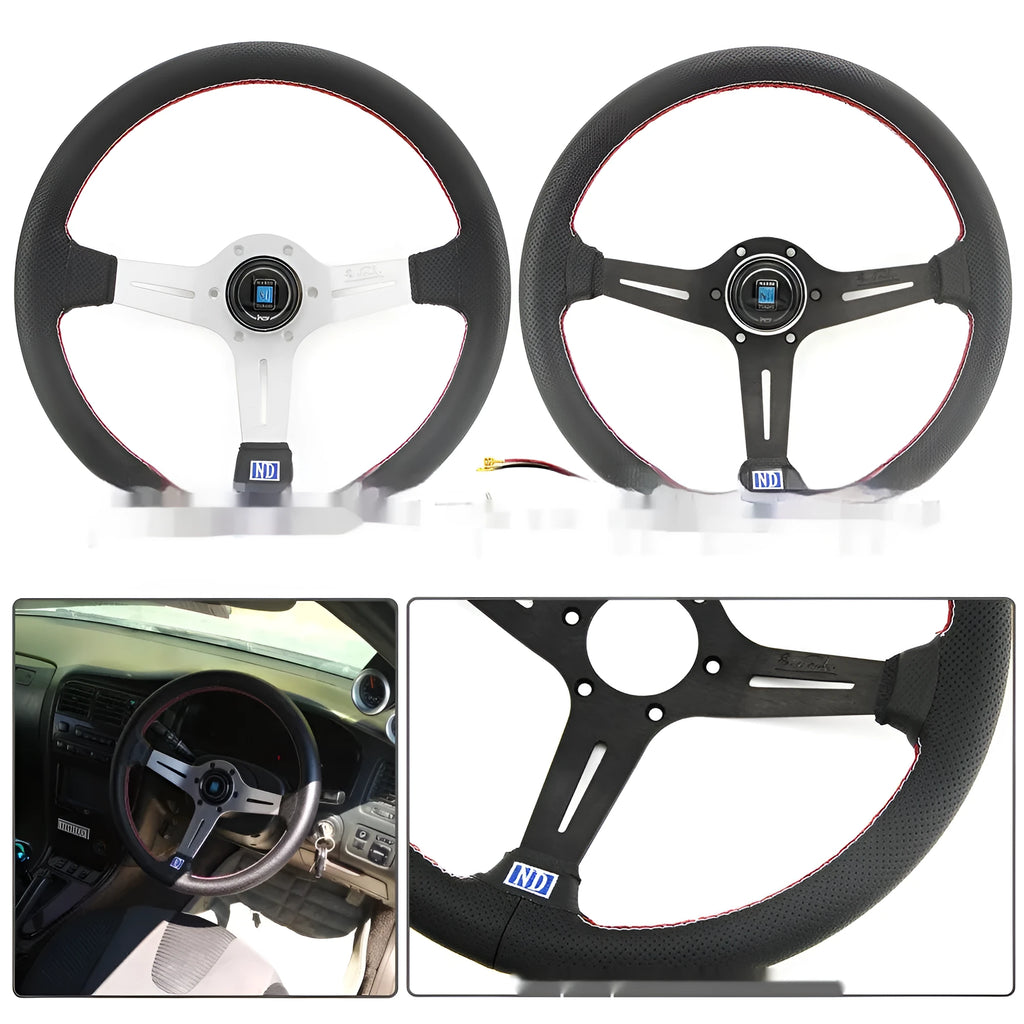 Leather 14-inch steering wheel with a concave rim profile and three-spoke design on a black background.
