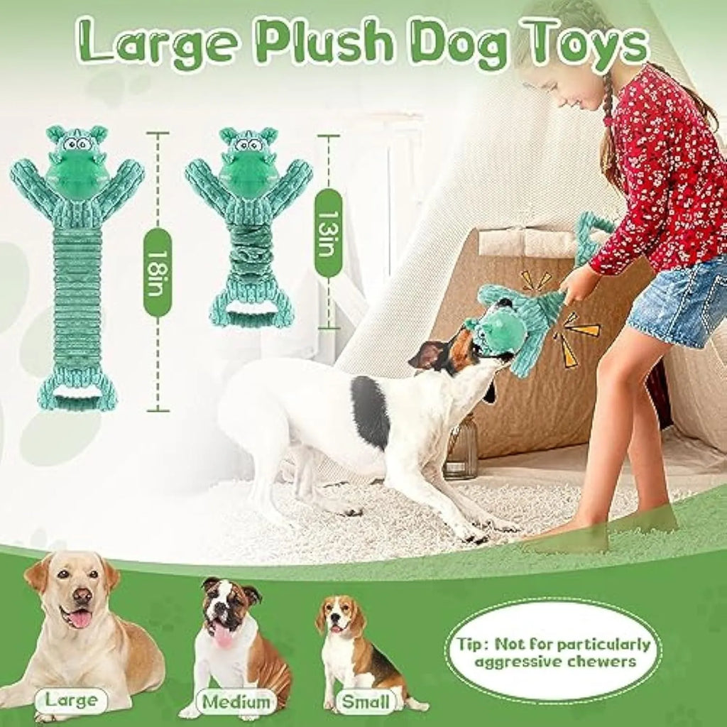 Large plush squeaky dog toy with a handle, shown in Hippo and Monkey designs on a plain background.