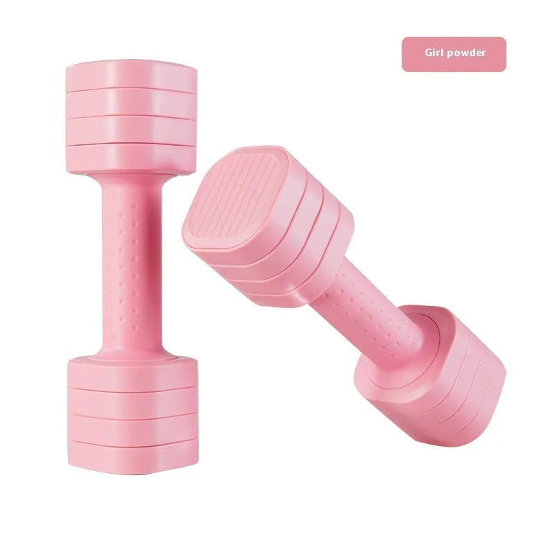 Set of pink detachable ABS plastic dumbbells for women's fitness, showing 5 lb weight.