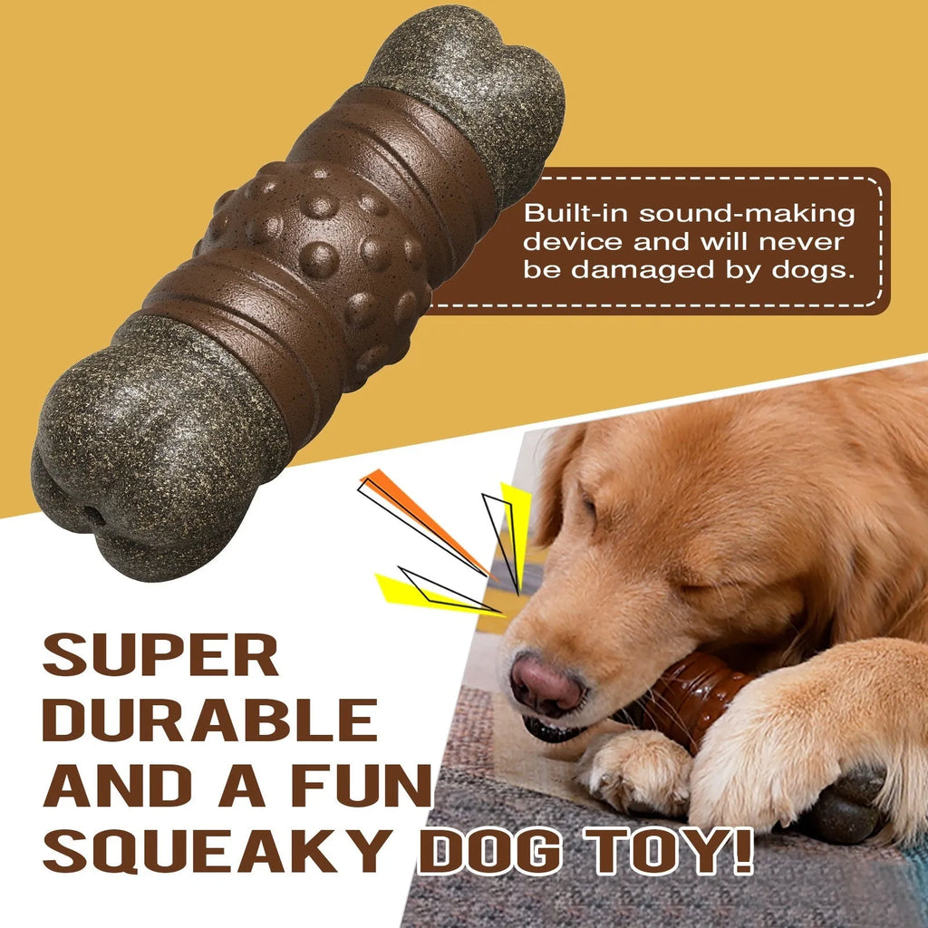 Wood colour plastic sounding bone dog toothbrush and chew toy for dental care.