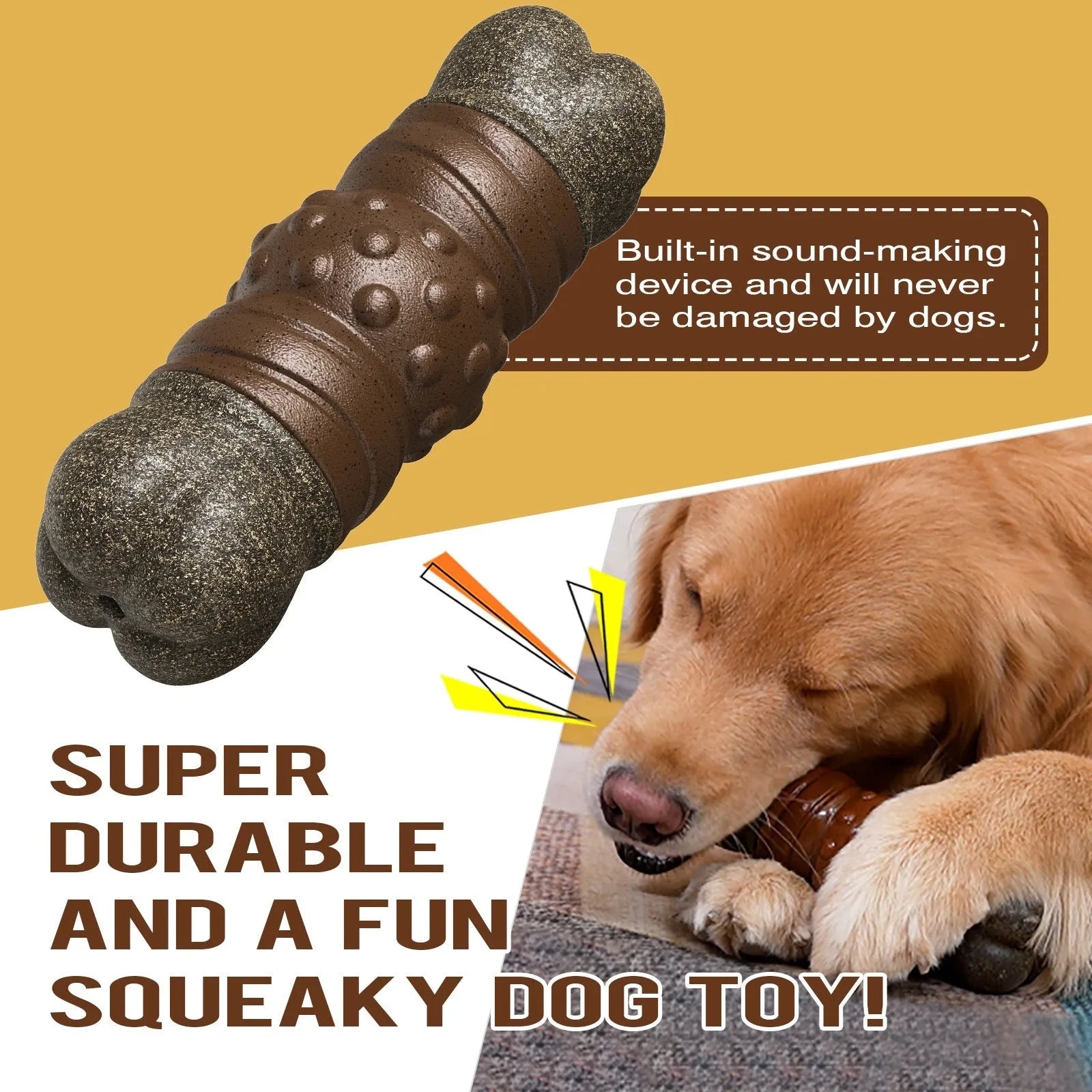 Wood colour plastic sounding bone dog toothbrush and chew toy for dental care.