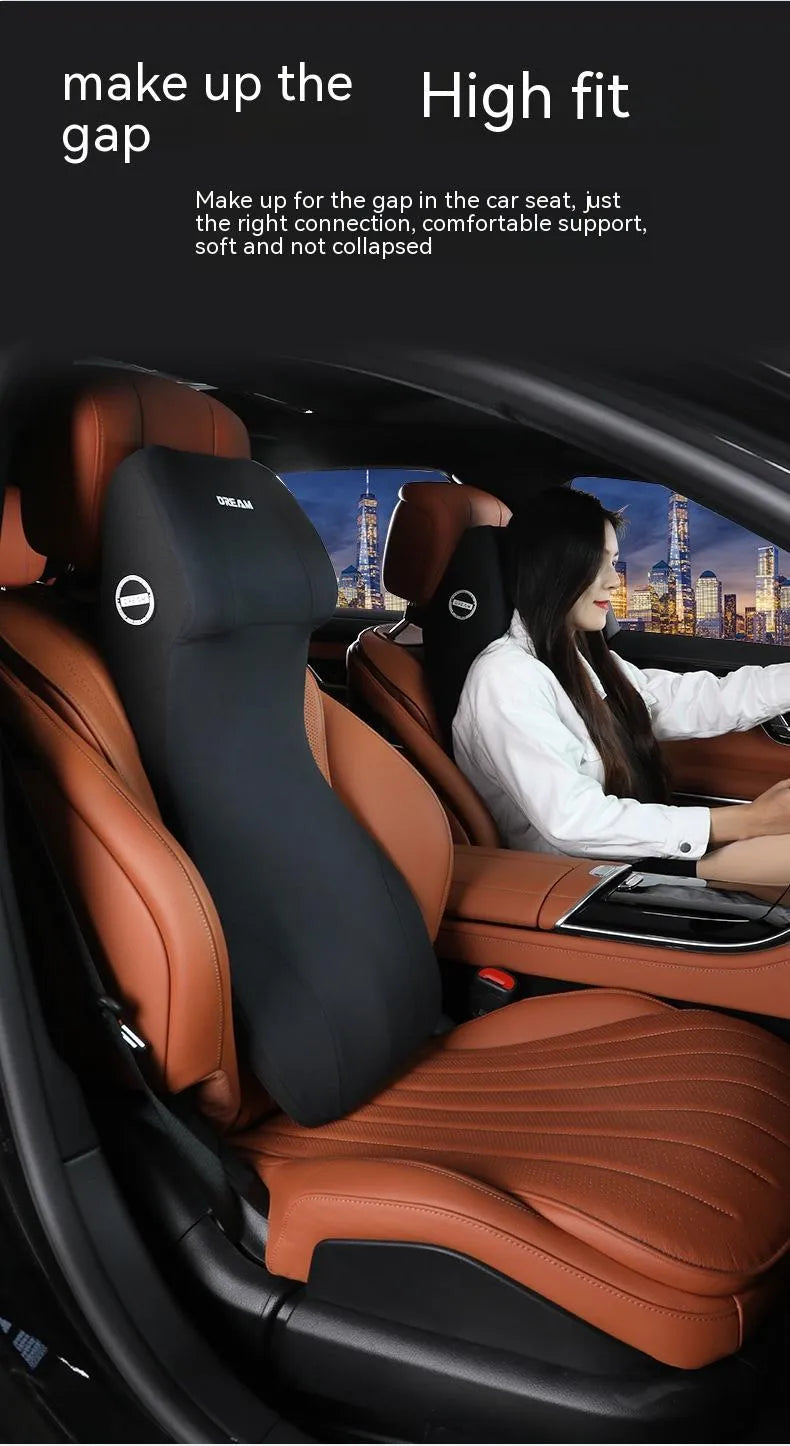 Black automotive memory foam mat showing integrated waist cushion and headrest lumbar support pillow on a car seat.