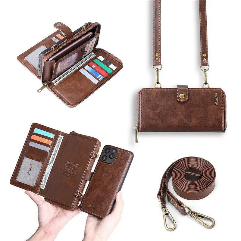 Detachable leather wallet flip case for Apple iPhone and Samsung Galaxy phones in black, blue, brown, and red.