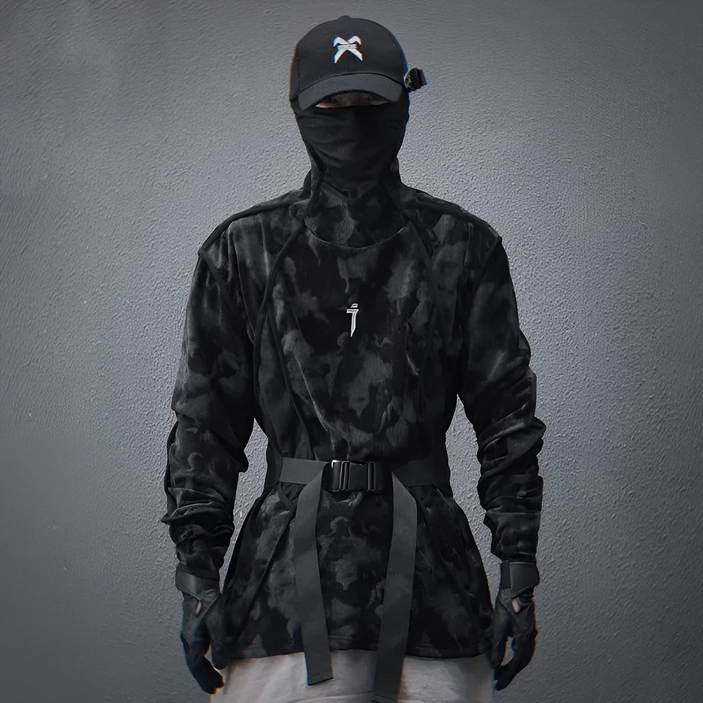 Men's black tie dye printed turtleneck sweater with drop shoulder sleeves and loose casual fit