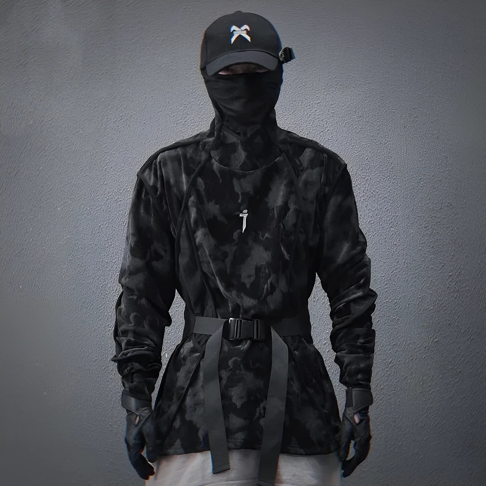 Men's black tie dye printed turtleneck sweater with drop shoulder sleeves and loose casual fit