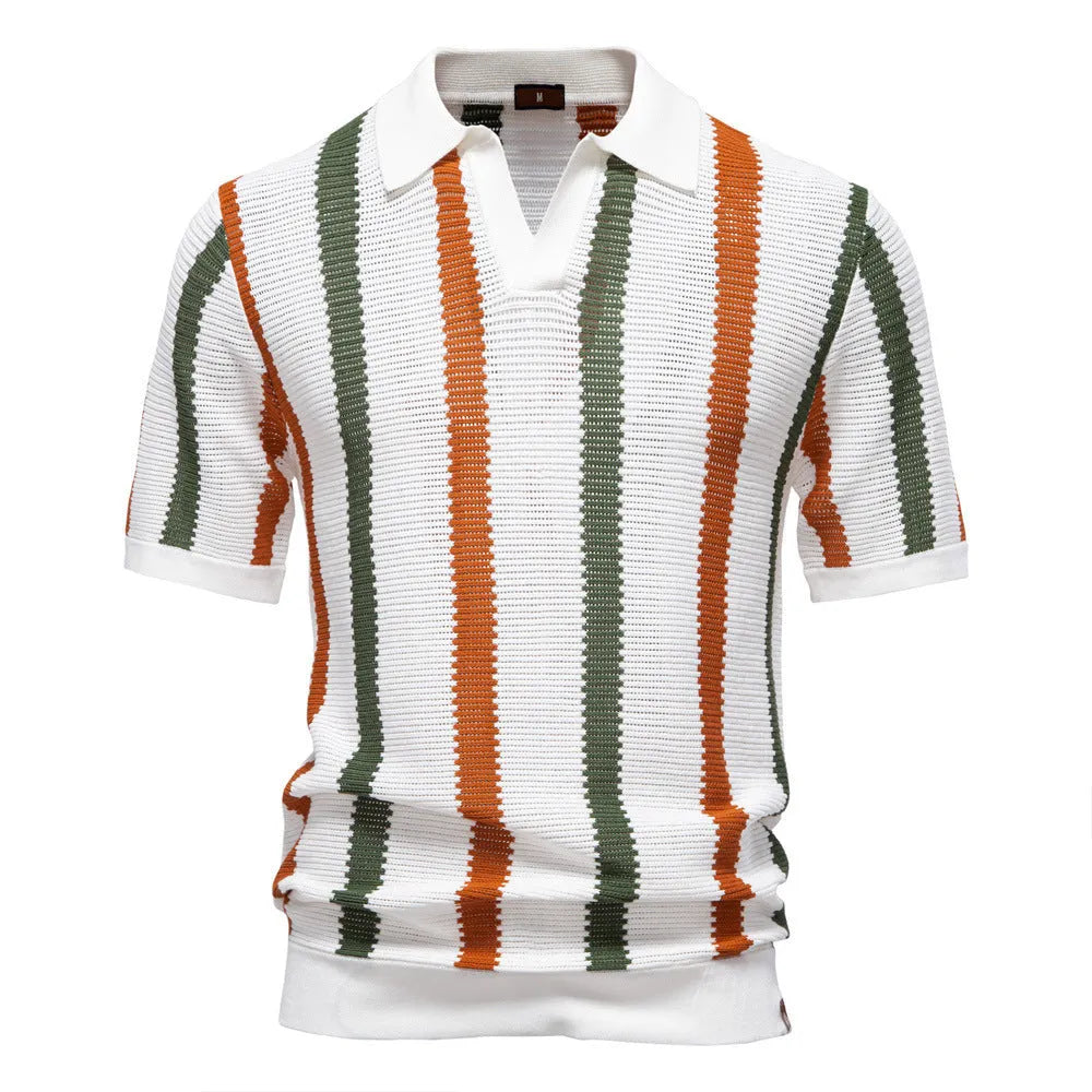 Men's short-sleeved polo shirt sweater with stripe pattern mosaic design in breathable hollow fabric