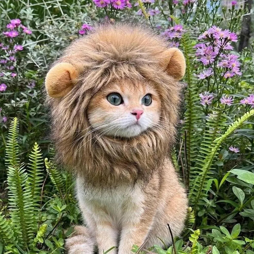 Lion mane wig for cats on pet with adjustable band and artificial hair