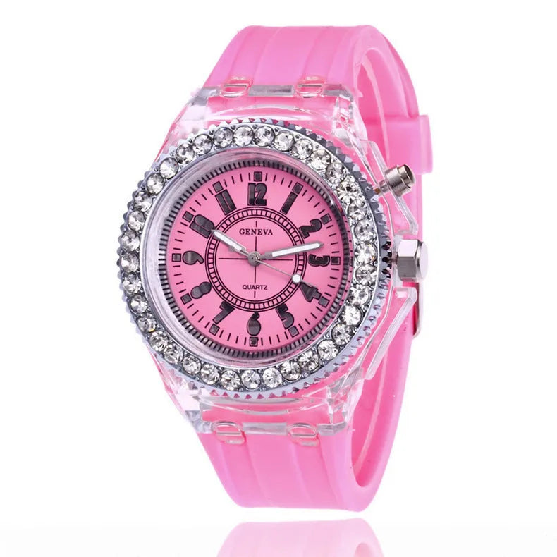 Women's LED luminous watch with round 43mm dial and silicone bracelet in multiple colour options