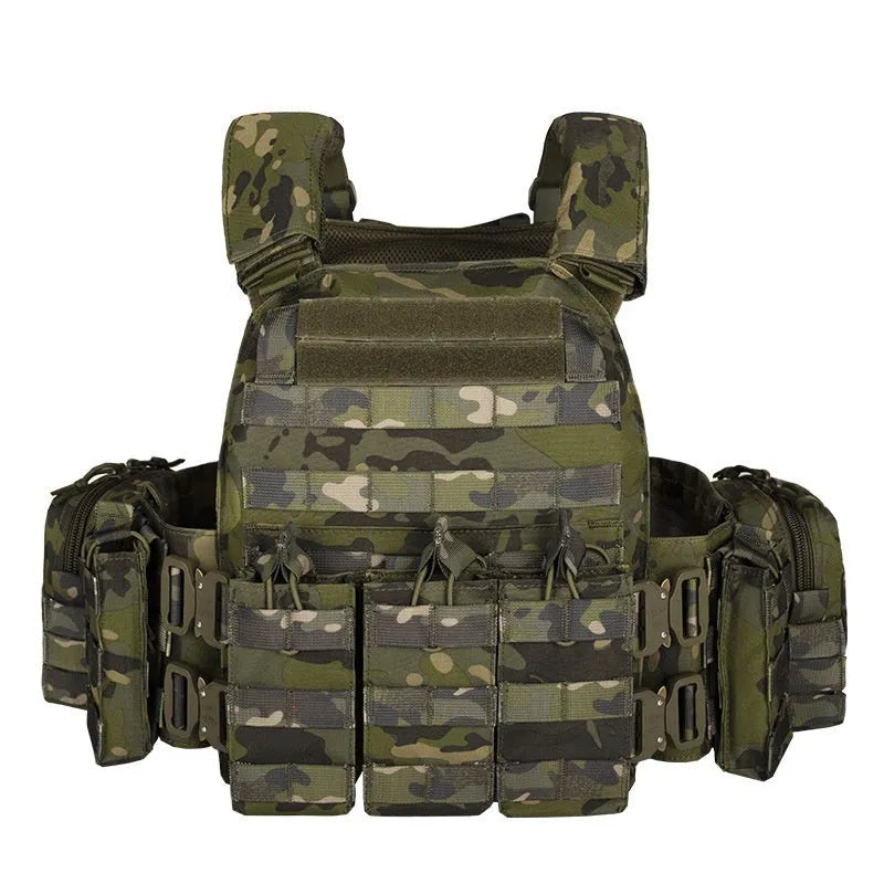 Men's camouflage polyester tactical vest for outdoor training and shooting sports.